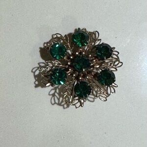 Vintage Emerald Crystal Filigree Flower Brooch